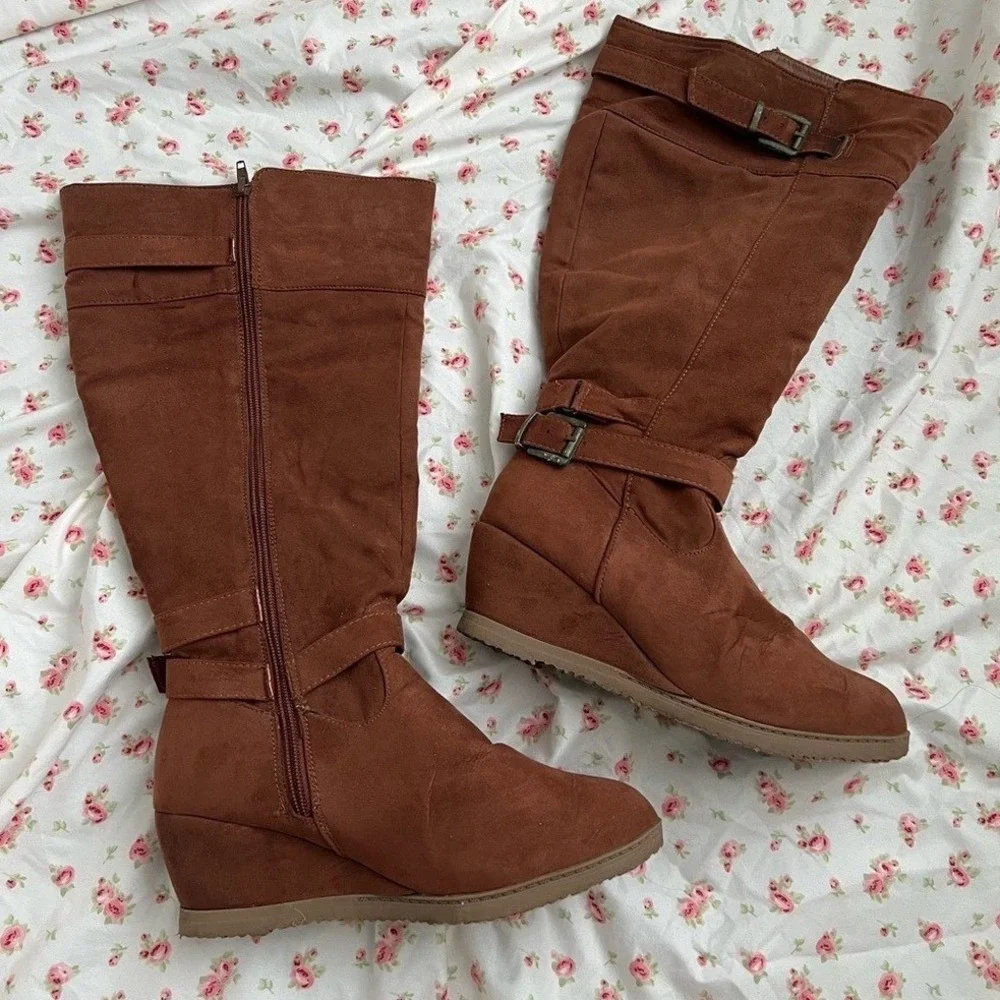 vintage brown suede knee boots with‎ buckle detail and wedge heel